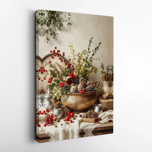 Winter Red Berry Still Life Canvas Print, Rustic Christmas Pinecone Canvas Art, Farmhouse Holiday Wall Art, Festive Seasonal 