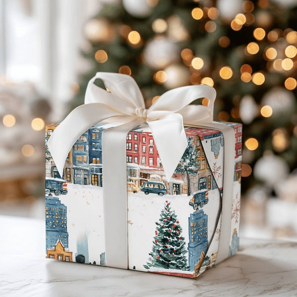 Winter Street Gift Wrap, Snowy City Christmas Wrapping Paper, Watercolor Holiday Wrapping Paper, Festive Town Gift Wrap, Pres