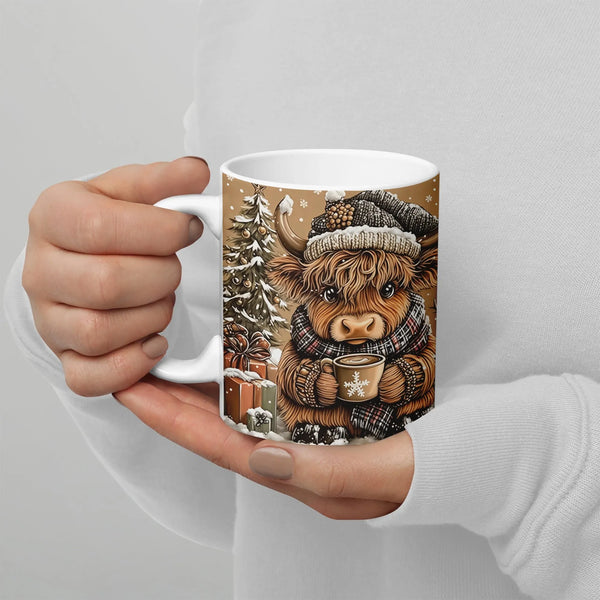 Winter Animal Coffee Mug, Comfy Highland Cow Mug, Knit Hat Scarf Ceramic Cup, Adorable Christmas Tea Mug, Holiday Present for