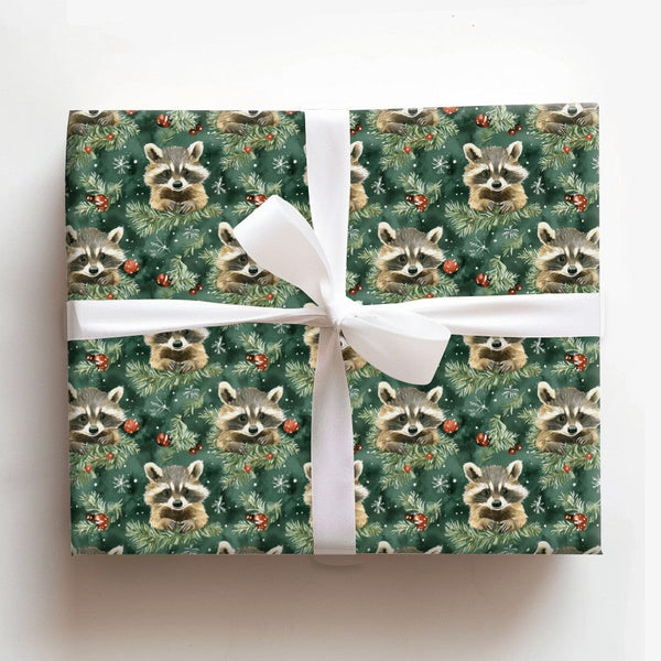Woodland Animal Gift Wrap, Raccoon Christmas Wrapping Paper, Adorable Watercolor Winter Wrapping Paper, Evergreen Holiday Gif