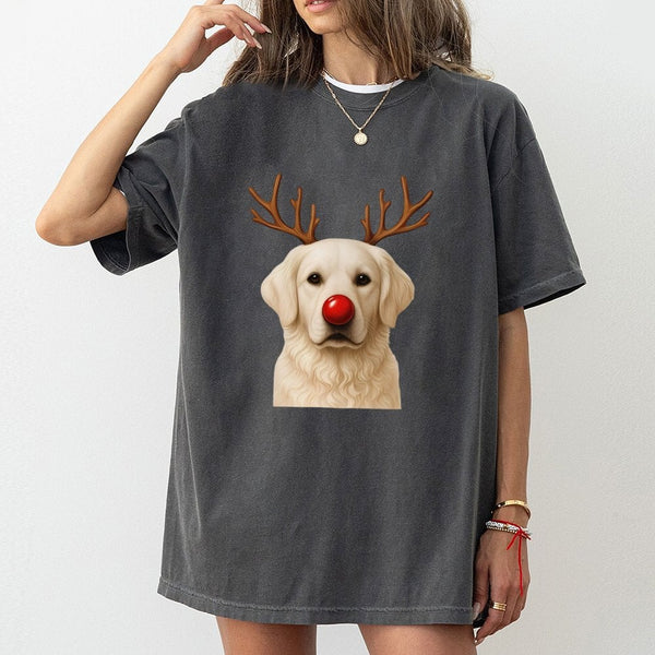 Adorable Reindeer Dog Graphic Tee, Golden Retriever Christmas T-Shirt, Humorous Dog Holiday Shirt, Retro Xmas Dog Lover Tee, 