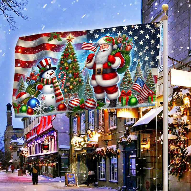 Double Sided American Winter Yard Flag, Patriotic Santa Claus Snowman Christmas House Flag, Holiday Porch Garden Flag Decor