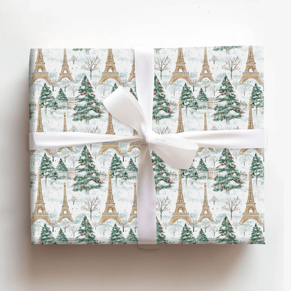 Snowy Winter City Gift Wrap, Paris Eiffel Tower Christmas Wrapping Paper, French Holiday Gift Wrapping Paper, Travel Lover Pr