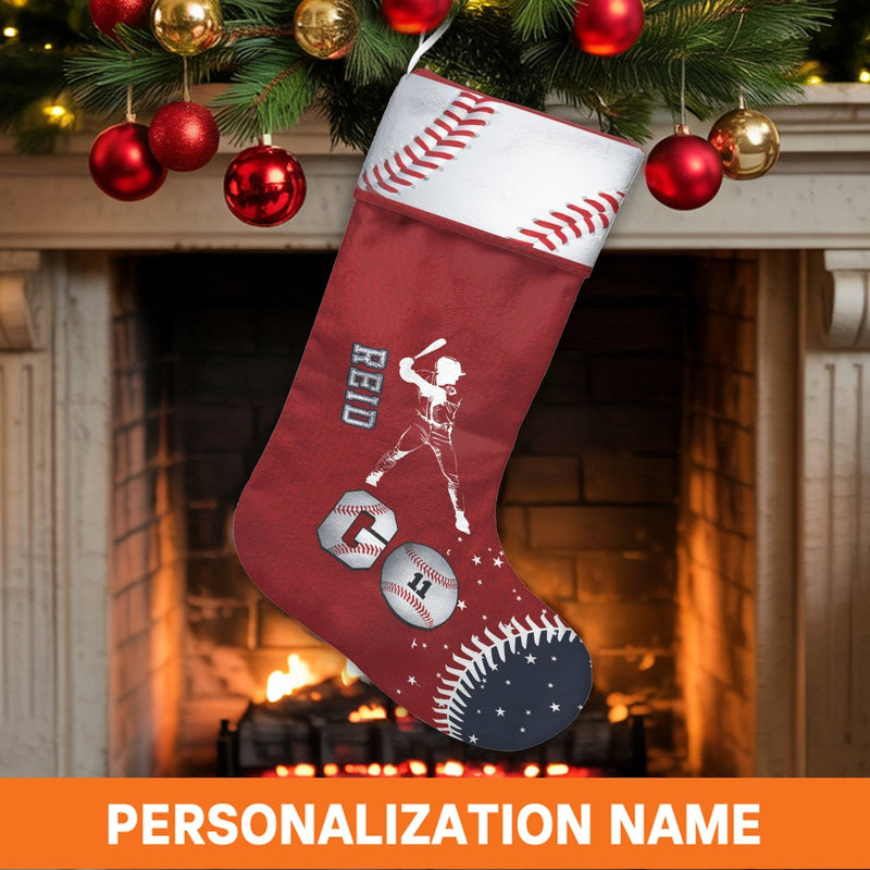 Custom Name and Number Stocking, Personalized Baseball Christmas Stocking, Sports Fan Holiday Xmas Stocking, Velboa Fireplace Mantel Decor