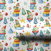 Whimsical Holiday Toy Gift Wrap, Watercolor Christmas Elves Wrapping Paper, Adorable Kids Xmas Wrapping Paper, Retro Toy Elf Holiday Present Paper