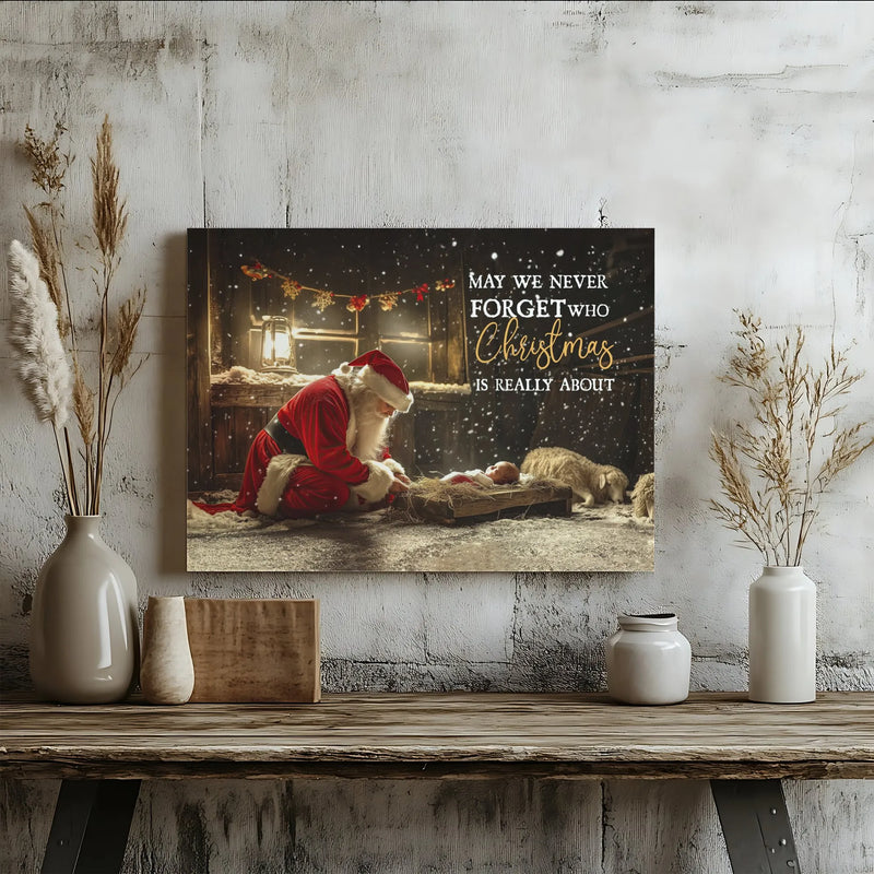 Religious Christmas Wall Art, Santa Kneeling Before Baby Jesus Canvas Art, Christian Nativity Print, Holiday Home Decor Present