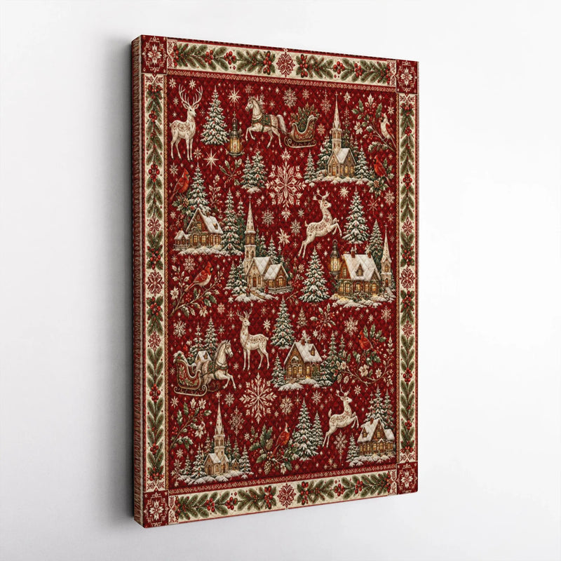 Vintage Winter Scene Canvas Print, Christmas Village Canvas Wall Art, Reindeer Sleigh Holiday Wall Art, Traditional Christmas Canvas Decor