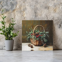 Winter Still Life Painting Canvas, Christmas Basket Square Canvas, Rustic Holiday Wall Art Canvas Print, Festive Christmas Home Decor