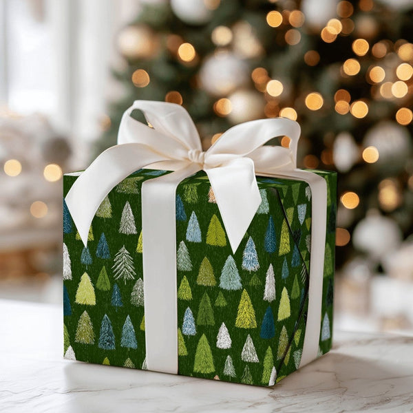 Rustic Pine Forest Gift Wrap, Evergreen Tree Wrapping Paper, Winter Woodland Holiday Present Paper, Dark Green Christmas Wrap