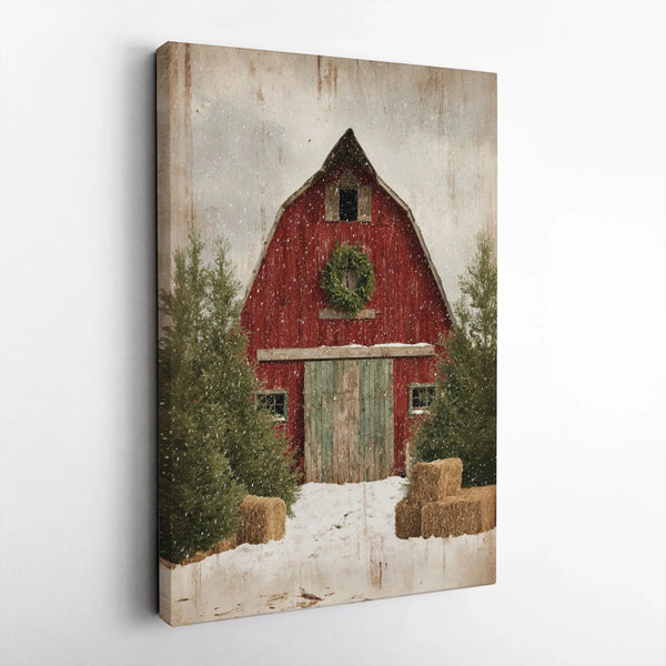 Snowy Winter Barn Wall Art, Red Barn Christmas Canvas, Rustic Farmhouse Holiday Canvas Print, Country Barn Christmas Decor, C
