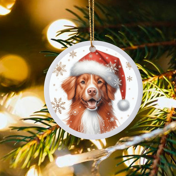 Santa Hat Dog Christmas Ornament, Nova Scotia Duck Tolling Retriever Ornament, Ceramic Puppy Tree Ornament, Holiday Present f