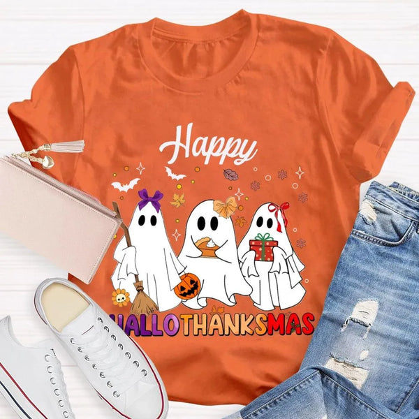 Adorable Three Ghosts Holiday Tee, Happy Hallothankmas T-Shirt, Halloween Thanksgiving Christmas Shirt, Humorous Ghost Graphi