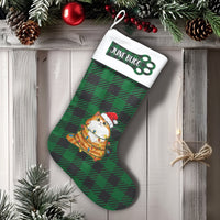 Green Buffalo Plaid Santa Cat Stocking, Personalized Cat Christmas Stocking, Custom Name Pet Holiday Stocking, Cat Lover Xmas Present Decor
