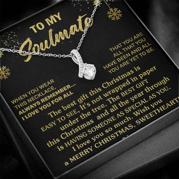 Sparkly Cubic Zirconia Pendant, Soulmate Ribbon Necklace, 14k White Gold Over Stainless Steel Necklace, Romantic Wife Christm