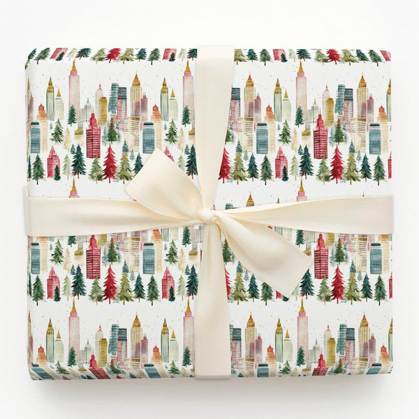 Watercolor Urban Holiday Gift Wrap, Christmas City Skyline Wrapping Paper, Cityscape Tree Gift Wrapping Paper, Festive Roll W