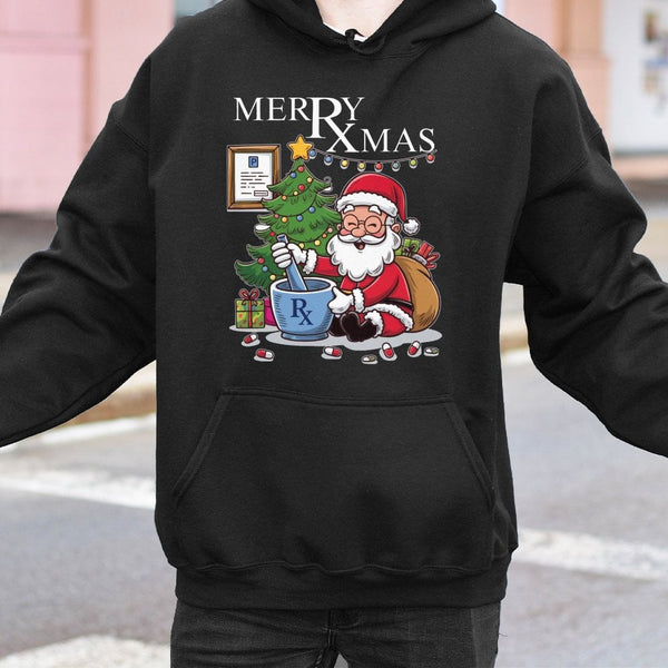 Humorous Pharmacy Christmas Hoodie, Santa Mixing Pills Pharmacist Hoodie, Pharm Tech Holiday Pullover, Medical Rx Xmas Hooded