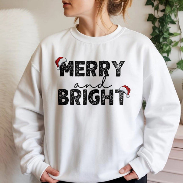 Santa Hat Xmas Sweatshirt, Merry and Bright Christmas Sweatshirt, Adorable Holiday Graphic Crewneck, Retro Christmas Sweatshi