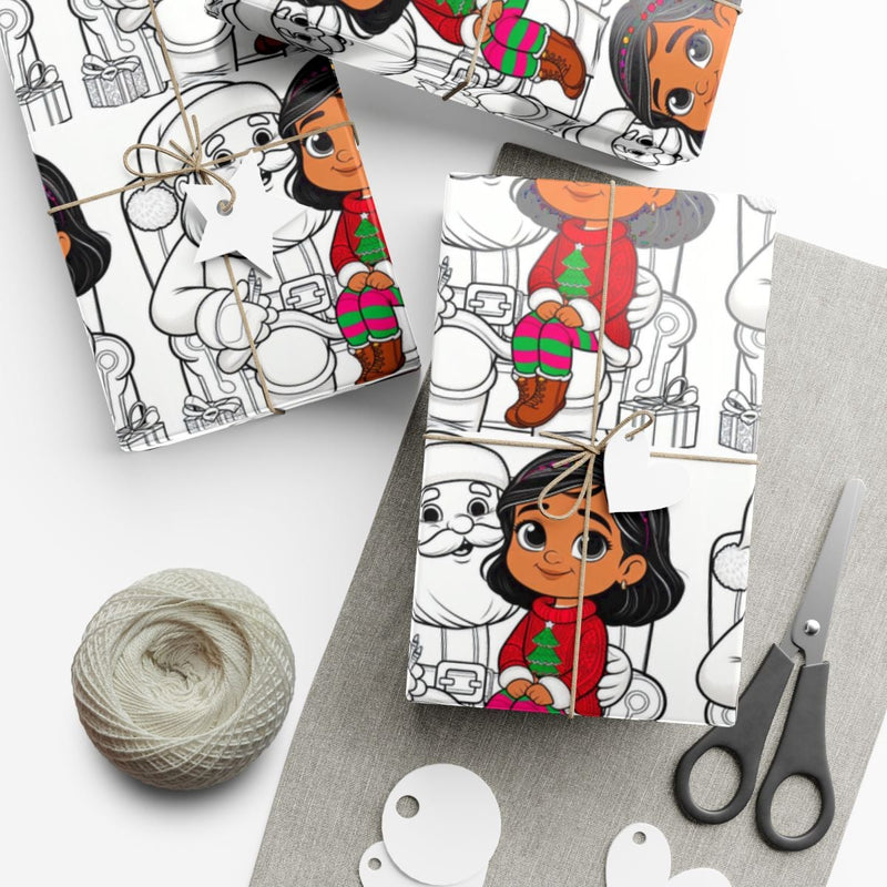 Santa and Girl Gift Wrapping Paper, Color in Santa Christmas Wrapping Paper, Holiday Gift Wrap Paper, Kids Coloring Christmas Gift Wrap Roll