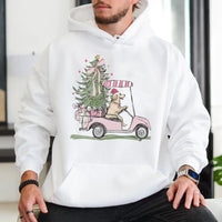 Pink Golf Cart Christmas Hoodie, Christmas Golden Retriever Hoodie, Festive Dog Lover Hooded Sweatshirt, Adorable Golfer Holiday Pullover
