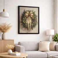 Holiday Fairy Lights Canvas Print, Christmas Wreath Gold Bow Canvas Wall Art, Winter Botanical Wall Decor, Digital Download Holiday Art Present