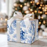 Vintage Christmas Gift Wrap, Blue and White Santa Toile Wrapping Paper, French Toile Holiday Wrapping Paper, Winter Forest Gift Wrap Roll