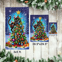 Humorous Holiday Kitten Yard Flag, Black Cat Christmas Tree Garden Flag, Double-Sided Cat Lovers Garden Flag, Winter Xmas Lawn Decor