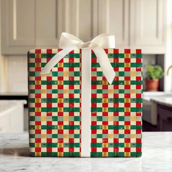 Distressed Checkerboard Gift Wrap, Vintage Christmas Wrapping Paper, Rustic Holiday Grid Wrapping Paper, Comfy Winter Present