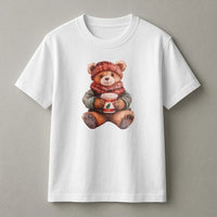 Adorable Holiday Coffee Drinking Teddy Bear Graphic Tee, Christmas Bear T-Shirt, Comfy Winter Festive Shirt, Christmas Season Present