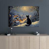 Snowy Village Winter Canvas Art, Black Cat Christmas Canvas Print, Comfy Holiday Night Wall Art, Christmas Cat Canvas Decor, Cat Lover Present