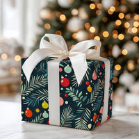 Pine Branch Holiday Gift Wrap, Colorful Ornaments Christmas Wrapping Paper, Navy Blue Xmas Wrapping Paper, Festive Winter Gift Wrap Roll