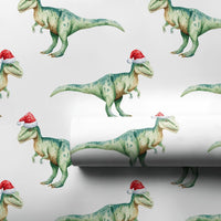 Watercolor TRex Dinosaur Gift Wrap, Dinosaur Christmas Wrapping Paper, Santa Hat Dinosaur Wrapping Paper, Kids Holiday Dinosaur Gift Wrap