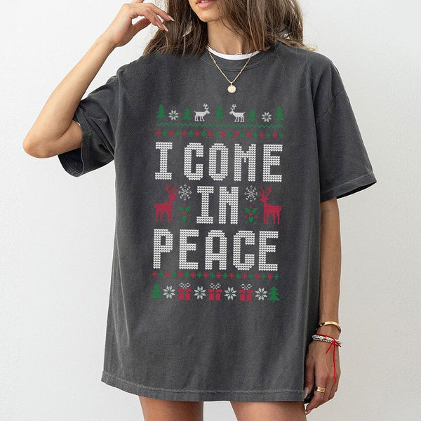Humorous Ugly Christmas Sweater Graphic Shirt, I Come in Peace T-Shirt, Retro Xmas Alien Holiday Tee, Festive Winter Graphic 
