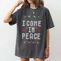 Humorous Ugly Christmas Sweater Graphic Shirt, I Come in Peace T-Shirt, Retro Xmas Alien Holiday Tee, Festive Winter Graphic T-Shirt