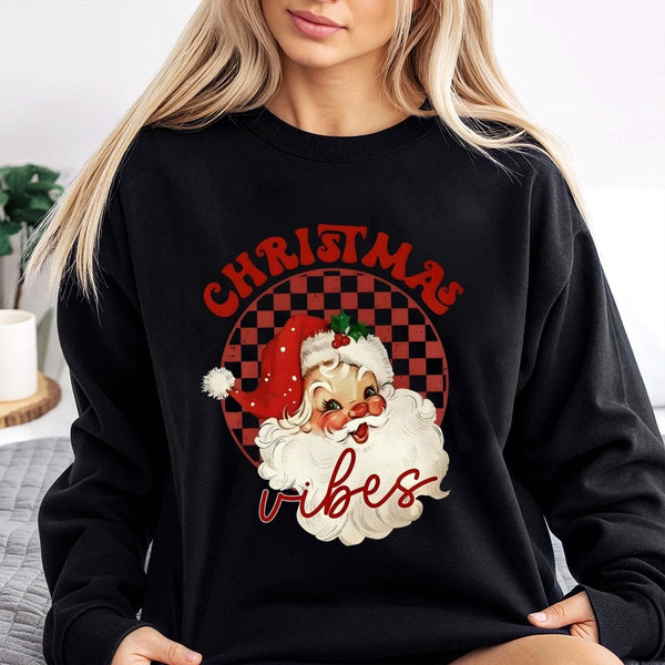 Checkered Santa Claus Crewneck, Retro Christmas Vibes Sweatshirt, Vintage Holiday Groovy Sweater, Comfy Adorable Xmas Graphic