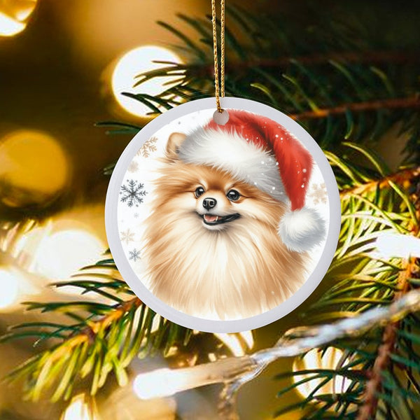 Adorable Pomeranian Santa Hat Ornament, Pomeranian Christmas Ornament, Ceramic Dog Tree Ornament, Festive Puppy Keepsake, Dog