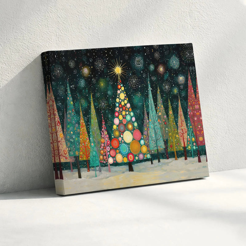 Colorful Night Snow Forest Print, Whimsical Christmas Tree Canvas Wall Art, Festive Holiday Decor, Digital Download Printable