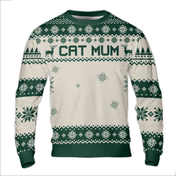Reindeer Snowflake Ugly Sweater, Cat Mum Ugly Christmas Sweater, Fair Isle Holiday Sweatshirt, Humorous Cat Lover Pullover Cr