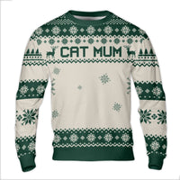 Reindeer Snowflake Ugly Sweater, Cat Mum Ugly Christmas Sweater, Fair Isle Holiday Sweatshirt, Humorous Cat Lover Pullover Crewneck Sweater