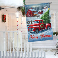 Farmhouse Winter Scene Yard Flag, Merry Christmas Red Truck Garden Flag, Vintage Holiday Garden Flag, Rustic Lawn Banner Decor
