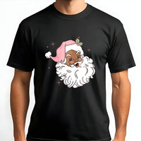 Retro Pink Hat Christmas Graphic Tee, Black Santa T-Shirt, African American Holiday Shirt, Inclusive Xmas Apparel for Women