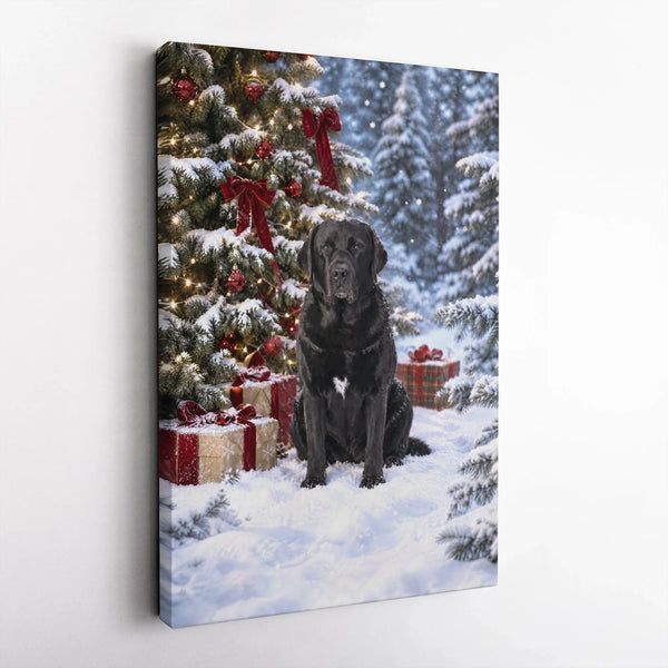 Snowy Christmas Tree Dog Wall Art, Black Labrador Christmas Canvas, Holiday Labrador Canvas Print, Winter Dog Lover Wall Deco
