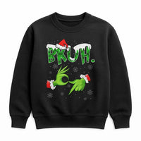 Humorous Green Monster Hands Holiday Sweater, Bruh Christmas Sweatshirt, Meme Graphic Xmas Crewneck, Retro Winter Pullover, Teen Present