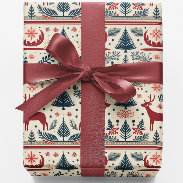 Pine Tree Christmas Gift Wrap, Nordic Reindeer Wrapping Paper, Rustic Winter Holiday Wrapping Paper, Scandinavian Xmas Gift W