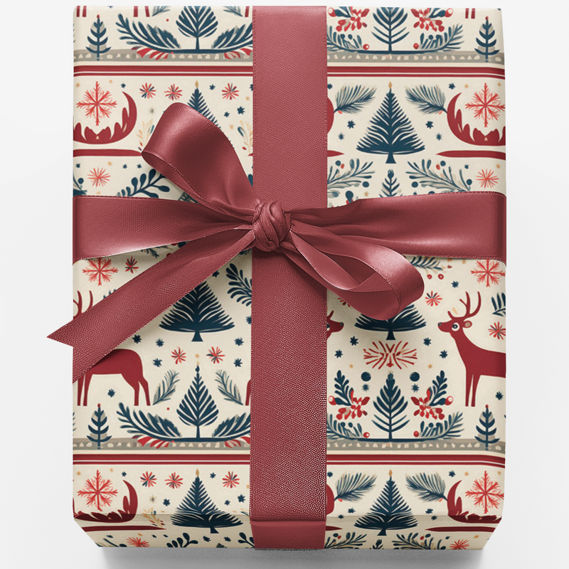 Pine Tree Christmas Gift Wrap, Nordic Reindeer Wrapping Paper, Rustic Winter Holiday Wrapping Paper, Scandinavian Xmas Gift Wrap Roll