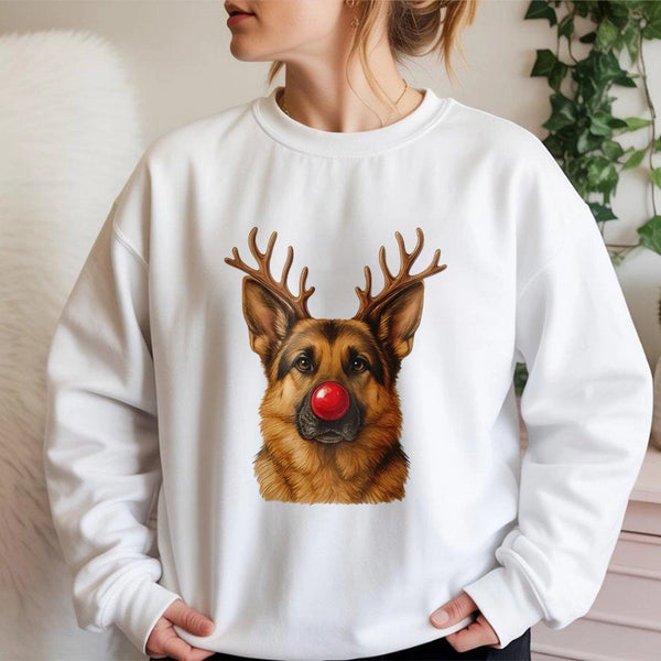 Reindeer Antlers Dog Holiday Sweater, German Shepherd Christmas Sweatshirt, GSD Dog Mom Xmas Crewneck, Adorable Winter Pet Pu