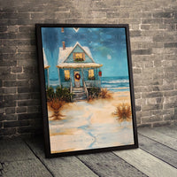 Snowy Seaside Cottage Oil Painting Print, Coastal Christmas Beach House Canvas Wall Art, Nautical Holiday Decor, Digital Download