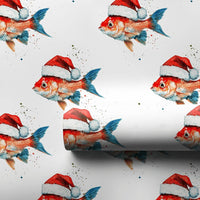 Humorous Holiday Fish Gift Wrap, Santa Goldfish Christmas Wrapping Paper, Adorable Aquatic Animal Wrapping Paper, Novelty Xmas Gift Wrap Roll