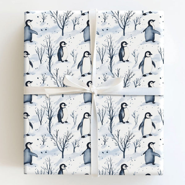 Adorable Winter Holiday Wrapping Paper, Watercolor Penguin Wrapping Paper, Christmas Penguin Gift Wrap, Festive Snowy Tree Wr