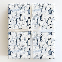 Adorable Winter Holiday Wrapping Paper, Watercolor Penguin Wrapping Paper, Christmas Penguin Gift Wrap, Festive Snowy Tree Wrapping Paper Roll