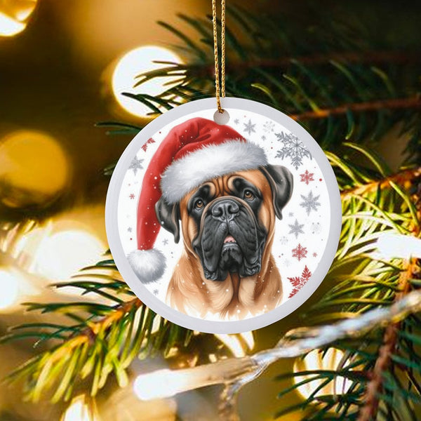 Santa Hat Dog Ornament, Bullmastiff Christmas Ornament, Ceramic Holiday Puppy Keepsake, Festive Xmas Tree Decor, Pet Lover Pr